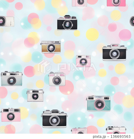 A pattern of polaroid cameras, vintage film rolls, and softly blurred pastel bokeh lights. 136693563