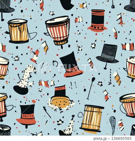 A fun parade doodle pattern with hand-drawn drums, marching band hats, and streamers waving in the wind, creating a festive and lively mood. 136693565