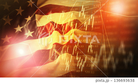 Stock market data with American flag graphic showing financial trends and statistics 136693638
