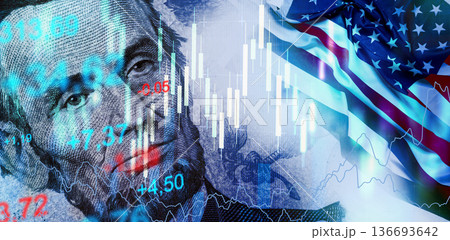 Financial trends with the image of Abraham Lincoln and the American flag in the background 136693642