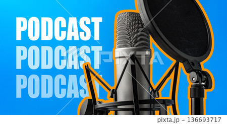 Discussing podcast topics with a microphone and sound equipment set up in a recording studio Discussing podcast topics with a microphone and sound equipment set up in a recording studio 136693717
