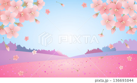 青空と桜の花びらが舞う春の風景イラスト 136693844