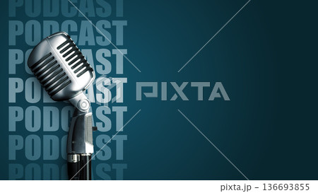 Podcast microphone setup with branding in clear view on a solid background Podcast microphone setup with branding in clear view on a solid background 136693855