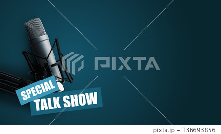 Podcast episode featuring a special talk show with a microphone setup in a studio 136693856