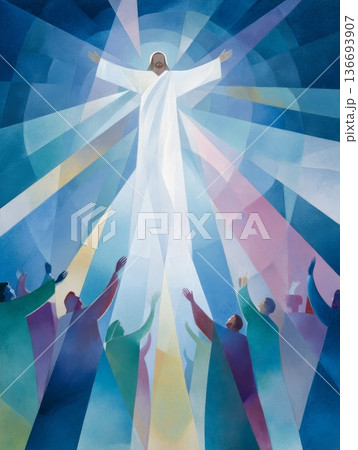 Abstract representation of spiritual ascension with diverse figures reaching out 136693907