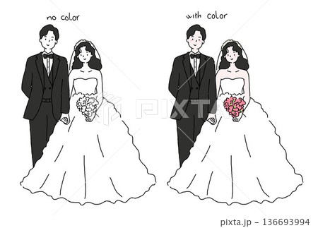Hand drawn happy romantic young couple, cute bride and groom 136693994