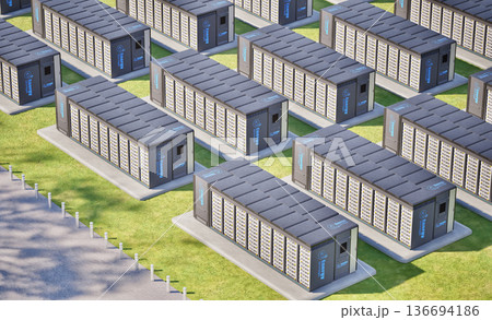 Group of eergy storage systems or battery container units isometric 136694186