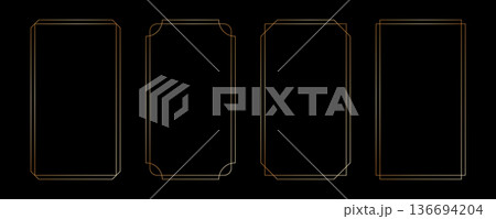 Thin golden frame set in art deco style. Luxury modern line rectangle gold borders. Brass glowing shiny boarder element pack for photocard. Vector illustration isolated on black background Thin golden frame set in art deco style. Luxury modern line rectangle gold borders. Brass glowing shiny boarder element pack for photocard. Vector illustration isolated on black background 136694204