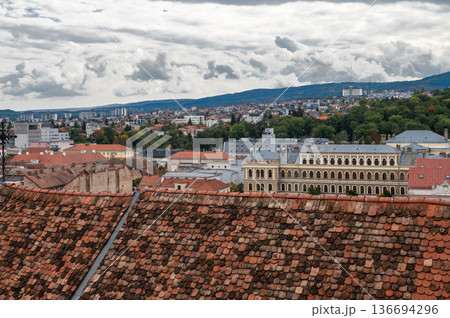 Aerial View of Cluj-Napoca Cityscape with Historic Red Rooftops 136694296
