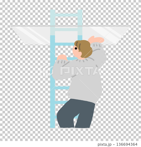 一幅平面插圖，描繪了一個人爬梯子時被透明天花板擋住的情景。 136694364