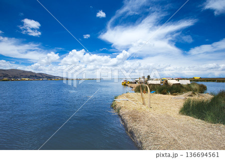 Totora boat on the Titicaca lake near Puno, Peru 136694561