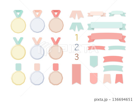 パステル調メダル＆リボンセット ニューモーフィズム風アワードバッジ 136694651