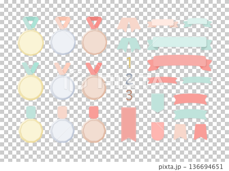 パステル調メダル＆リボンセット ニューモーフィズム風アワードバッジ 136694651