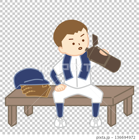 A baseball boy sitting on a bench with a towel around his neck hydrating A baseball boy sitting on a bench with a towel around his neck hydrating 136694972