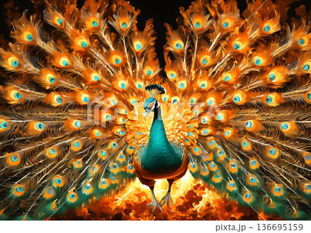 羽を広げたクジャク 136695159