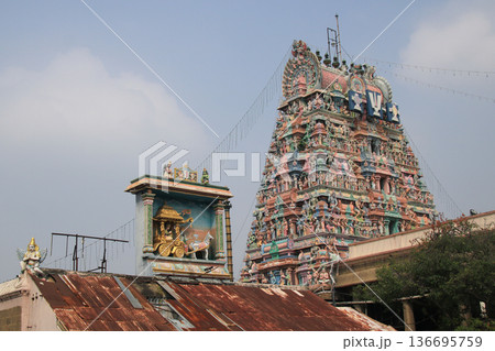 Horse chariot and carved tower of the Arulmigu Sri Parthasarathyswamy Temple, Chennai, India. Horse chariot and carved tower of the Arulmigu Sri Parthasarathyswamy Temple, Chennai, India. 136695759