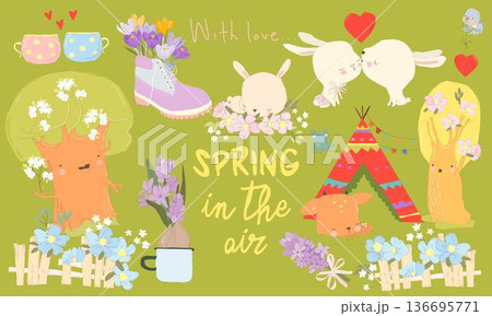 Cartoon Set with Cute Animals and Spring Flowers 136695771