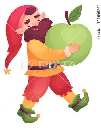 Happy dwarf carry apple. Fruit harvest magic character 136696286
