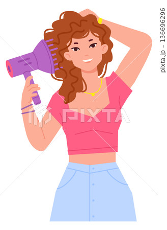 Woman dry curly hair with air blower. 136696296
