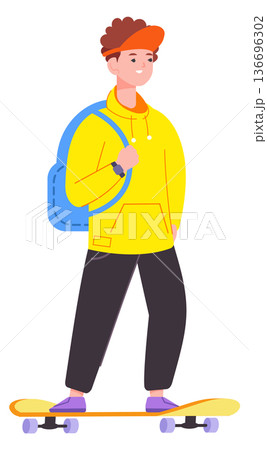 School teen boy on street skateboard color character 136696302