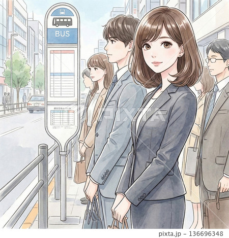 バス停でバスを待つ女性社員 136696348