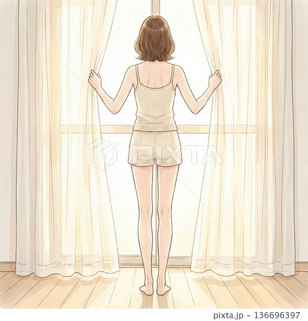 朝　寝起きにカーテンを開ける女性 136696397