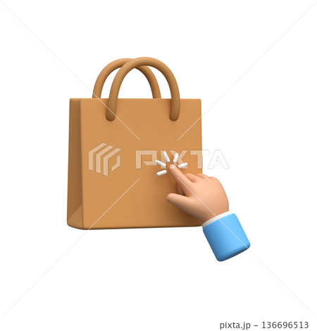 Hand Clicking on Shopping Bag for Online Purchase, 3D icon Hand Clicking on Shopping Bag for Online Purchase, 3D icon 136696513