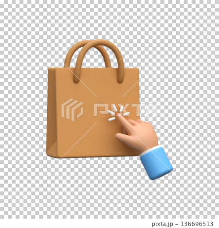 Hand Clicking on Shopping Bag for Online Purchase, 3D icon Hand Clicking on Shopping Bag for Online Purchase, 3D icon 136696513