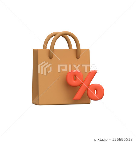3D Shopping Bag with Discount Percentage Sign. 3D Shopping Bag with Discount Percentage Sign. 136696518