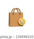 3D icon of a shopping bag with a cross. Cancel purchase icon. 136696520