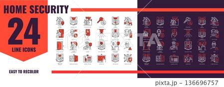 Home security icons set of house smart control for guard and protection, vector pictograms. Home security icons of CCTV cameras for video surveillance monitoring, motion sensors, and secure detectors 136696757