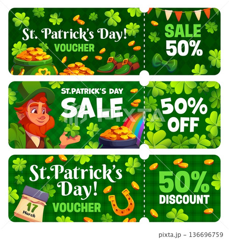 Happy St Patrick's day sale vouchers. Saint Patrick celebration sale vector card, holiday price off flyer or discount voucher with leprechaun character, shamrock clovers, horseshoe and gold in pot Happy St Patrick's day sale vouchers. Saint Patrick celebration sale vector card, holiday price off flyer or discount voucher with leprechaun character, shamrock clovers, horseshoe and gold in pot 136696759