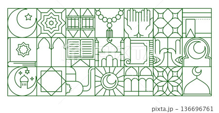 Islam muslim arabic geometric Bauhaus pattern. Islamic religion abstract vector background, Arabic culture green linear pattern. Muslim print with crescent, Koran book, mosque minaret and ornaments Islam muslim arabic geometric Bauhaus pattern. Islamic religion abstract vector background, Arabic culture green linear pattern. Muslim print with crescent, Koran book, mosque minaret and ornaments 136696761