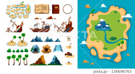 Pirate map constructor kit with wrecked ships, treasure chests, skull and waterfall cascade, caves, rocky islands, palm trees. Cartoon vector large island map with rivers, mountains and sandy shores 136696763