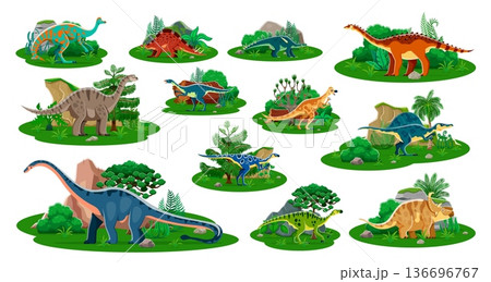 Prehistoric dinosaurs in their natural habitats. Vector set of dino animals at lush landscape settings. Cartoon reptile species, herbivore or carnivore creatures at wild nature with green vegetation 136696767