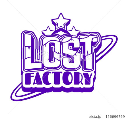 Purple Y2K streetwear lost factory icon or emblem. Clothing futuristic vintage print, apparel graphic funky isolated vector label element. Brand typography retro emblem or streetwear text Y2K icon 136696769