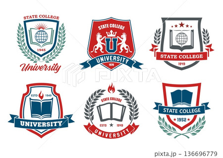 University, academy or education college icons of heraldic shields, vector emblems. University or student academy badges of open book and laurel wreath, torch fire and heraldic animals with ribbons 136696779