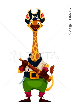 Giraffe animal pirate character dressed as a skipper with green pants, wide golden belt and dark navy vest and spyglass in his hands. Cute funny vector personage for kids party 136696782