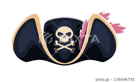 Pirate tricorn and corsair captain hat. Cartoon vector captain cocked hat. Swashbuckler headdress with pink feathers, jolly roger skull and crossbones. Sea sailor cap, filibuster costume accessory 136696793