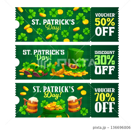 Happy St Patrick's day sale voucher coupons. March season sale vector banner, spring holiday discount card or price off voucher with shamrock clovers, leprechaun hat and shoes, golden coins and beer Happy St Patrick's day sale voucher coupons. March season sale vector banner, spring holiday discount card or price off voucher with shamrock clovers, leprechaun hat and shoes, golden coins and beer 136696806
