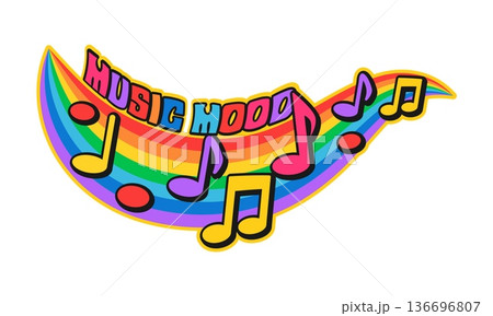 Music mood Y2K funky sticker or patch. Music radio record Y2K patch, audio concert sound groovy vector tag. Musical festival melody funky sticker or label with notes on rainbow and funky typography 136696807