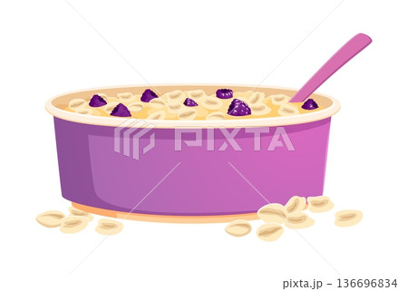 Cartoon oatmeal porridge in bowl with spoon. Vector oat cereal food with grain flakes, berries and creamy texture. Sweet healthy breakfast meal natural nutritious dish isolated on white background 136696834