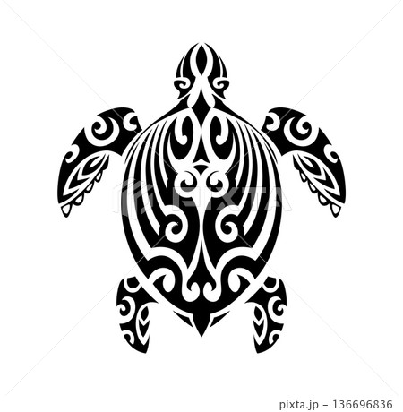 Maori sea turtle animal tribe black tattoo or print. Polynesian tribal graphic print, Maori warrior folk decoration. Samoan ethnic black tattoo 136696836