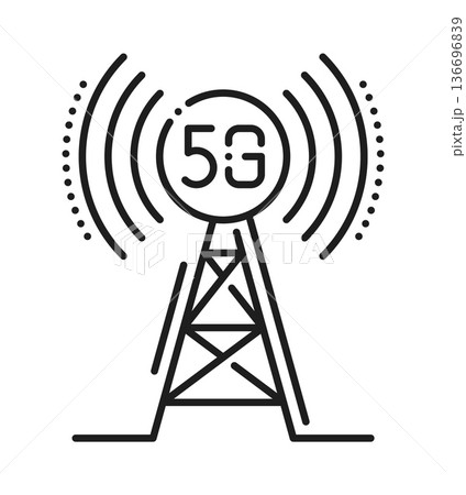 5G wireless base station antenna line icon or sign. Fast speed network outline pictogram, 5G connection coverage lineart vector symbol. Wireless communication icon with mobile cellular tower 5G wireless base station antenna line icon or sign. Fast speed network outline pictogram, 5G connection coverage lineart vector symbol. Wireless communication icon with mobile cellular tower 136696839