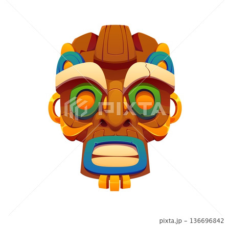 Aztec native wooden mask computer game icon. Videogame native American or Maya folk object, Inca tribe mask game isolated vector accessory. Mobile arcade Aztec history or culture item or gaming icon 136696842