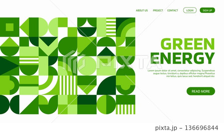 Environment ecology business landing page with geometric Bauhaus pattern. Clean electricity generation company vector webpage, sustainable renewable energy site landing page with Bauhaus pattern 136696844