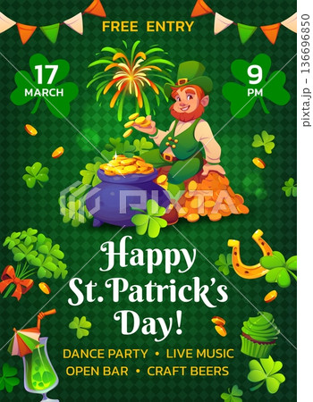 St patrick's day holiday party flyer with leprechaun and shamrock clover leaves. Saint Patrick party vector poster, Irish folk celebration flyer with golden horseshoe and coins in pot, fireworks St patrick's day holiday party flyer with leprechaun and shamrock clover leaves. Saint Patrick party vector poster, Irish folk celebration flyer with golden horseshoe and coins in pot, fireworks 136696850