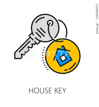Home security key color line icon or pictogram. Home secure access system lineart vector pictogram, house security company line symbol. Property safety service outline icon with key, keyring and tag Home security key color line icon or pictogram. Home secure access system lineart vector pictogram, house security company line symbol. Property safety service outline icon with key, keyring and tag 136696851