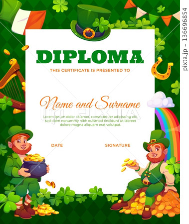 Holiday diploma certificate if happy St Patrick's day. Saint Patrick congratulation vector certificate, March celebration diploma with two leprechauns in top hats, pot of golden coins and Ireland flag Holiday diploma certificate if happy St Patrick's day. Saint Patrick congratulation vector certificate, March celebration diploma with two leprechauns in top hats, pot of golden coins and Ireland flag 136696854