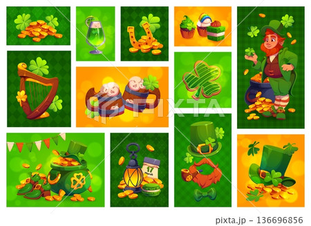 St Patrick's day holiday collage or background. Ireland festive vector flyer, St Patrick banner or collage poster with leprechaun top hat, smoking pipe and beard, beer tankards, golden coins, sweets St Patrick's day holiday collage or background. Ireland festive vector flyer, St Patrick banner or collage poster with leprechaun top hat, smoking pipe and beard, beer tankards, golden coins, sweets 136696856